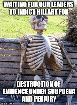 Waiting Skeleton Meme | WAITING FOR OUR LEADERS TO INDICT HILLARY FOR; DESTRUCTION OF EVIDENCE UNDER SUBPOENA AND PERJURY | image tagged in memes,waiting skeleton | made w/ Imgflip meme maker