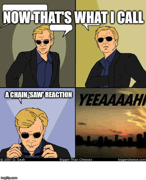 Horatio Caine | NOW THAT'S WHAT I CALL; A CHAIN 'SAW' REACTION | image tagged in horatio caine | made w/ Imgflip meme maker