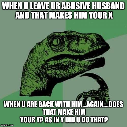 Philosoraptor | WHEN U LEAVE UR ABUSIVE HUSBAND AND THAT MAKES HIM YOUR X; WHEN U ARE BACK WITH HIM...AGAIN....DOES THAT MAKE HIM YOUR Y? AS IN Y DID U DO THAT? | image tagged in memes,philosoraptor | made w/ Imgflip meme maker