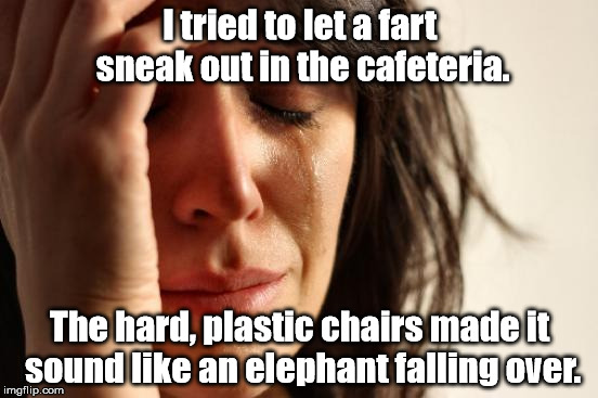 First day at the job and I was eating lunch with my new boss. :( | I tried to let a fart sneak out in the cafeteria. The hard, plastic chairs made it sound like an elephant falling over. | image tagged in memes,first world problems | made w/ Imgflip meme maker