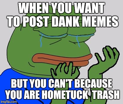 pepe cry | WHEN YOU WANT TO POST DANK MEMES; BUT YOU CAN'T BECAUSE YOU ARE HOMETUCK  TRASH | image tagged in pepe cry | made w/ Imgflip meme maker