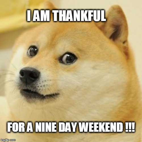 Doge | I AM THANKFUL; FOR A NINE DAY WEEKEND !!! | image tagged in memes,doge | made w/ Imgflip meme maker