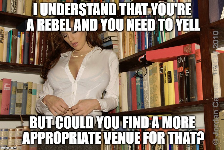 I UNDERSTAND THAT YOU'RE A REBEL AND YOU NEED TO YELL BUT COULD YOU FIND A MORE APPROPRIATE VENUE FOR THAT? | made w/ Imgflip meme maker