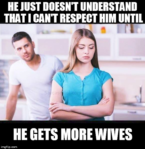 Polygamy woman mad |  HE JUST DOESN'T UNDERSTAND THAT I CAN'T RESPECT HIM UNTIL; HE GETS MORE WIVES | image tagged in polygamy,woman,mad,man,clueless | made w/ Imgflip meme maker