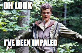 Why me | OH LOOK; I'VE BEEN IMPALED | image tagged in impaled,happy hunger games,oh look | made w/ Imgflip meme maker