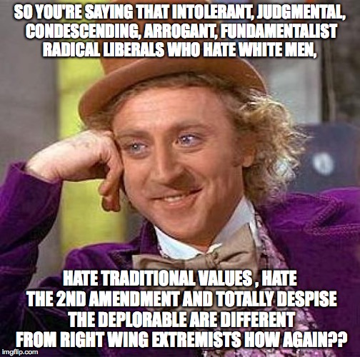 Creepy Condescending Wonka Meme | SO YOU'RE SAYING THAT INTOLERANT, JUDGMENTAL, CONDESCENDING, ARROGANT, FUNDAMENTALIST RADICAL LIBERALS WHO HATE WHITE MEN, HATE TRADITIONAL VALUES , HATE THE 2ND AMENDMENT AND TOTALLY DESPISE THE DEPLORABLE ARE DIFFERENT FROM RIGHT WING EXTREMISTS HOW AGAIN?? | image tagged in memes,creepy condescending wonka | made w/ Imgflip meme maker