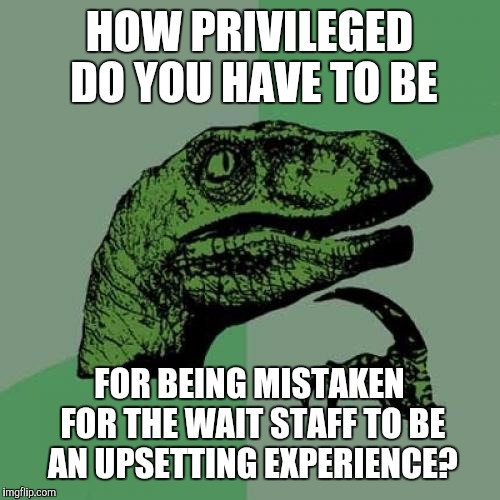 Since I am the wait staff, I have to ask | HOW PRIVILEGED DO YOU HAVE TO BE; FOR BEING MISTAKEN FOR THE WAIT STAFF TO BE AN UPSETTING EXPERIENCE? | image tagged in memes,philosoraptor | made w/ Imgflip meme maker