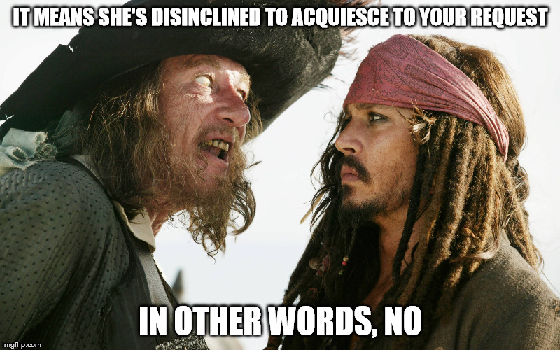 IT MEANS SHE'S DISINCLINED TO ACQUIESCE TO YOUR REQUEST IN OTHER WORDS, NO | made w/ Imgflip meme maker