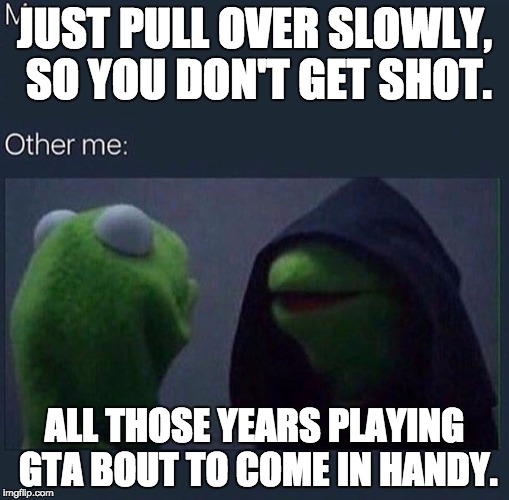Evil Kermit | JUST PULL OVER SLOWLY, SO YOU DON'T GET SHOT. ALL THOSE YEARS PLAYING GTA BOUT TO COME IN HANDY. | image tagged in evil kermit | made w/ Imgflip meme maker