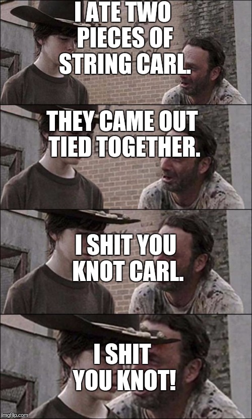 the walking dead coral |  I ATE TWO PIECES OF STRING CARL. THEY CAME OUT TIED TOGETHER. I SHIT YOU KNOT CARL. I SHIT YOU KNOT! | image tagged in the walking dead coral | made w/ Imgflip meme maker
