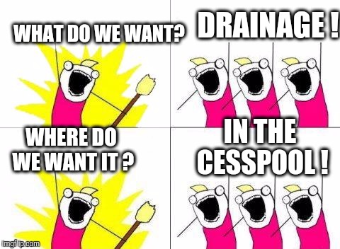 WHAT DO WE WANT? DRAINAGE ! WHERE DO WE WANT IT ? IN THE CESSPOOL ! | made w/ Imgflip meme maker