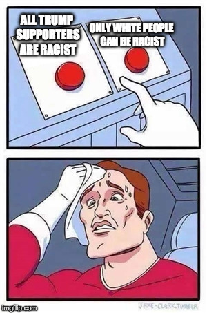 Two Buttons Meme | ALL TRUMP SUPPORTERS ARE RACIST; ONLY WHITE PEOPLE CAN BE RACIST | image tagged in two buttons | made w/ Imgflip meme maker