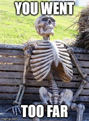 Waiting Skeleton Meme | YOU WENT TOO FAR | image tagged in memes,waiting skeleton | made w/ Imgflip meme maker