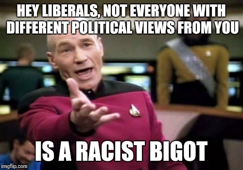 Picard Wtf Meme | HEY LIBERALS, NOT EVERYONE WITH DIFFERENT POLITICAL VIEWS FROM YOU; IS A RACIST BIGOT | image tagged in memes,picard wtf | made w/ Imgflip meme maker