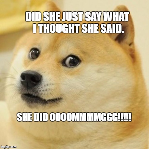Doge | DID SHE JUST SAY WHAT I THOUGHT SHE SAID. SHE DID OOOOMMMMGGG!!!!! | image tagged in memes,doge | made w/ Imgflip meme maker