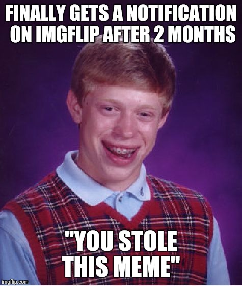 i may or may not become active again  | FINALLY GETS A NOTIFICATION ON IMGFLIP AFTER 2 MONTHS; "YOU STOLE THIS MEME" | image tagged in memes,bad luck brian | made w/ Imgflip meme maker