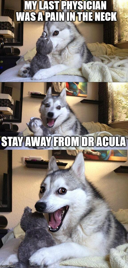 Bad Pun Dog Meme | MY LAST PHYSICIAN WAS A PAIN IN THE NECK; STAY AWAY FROM DR ACULA | image tagged in bad pun dog,doctor,vampire | made w/ Imgflip meme maker
