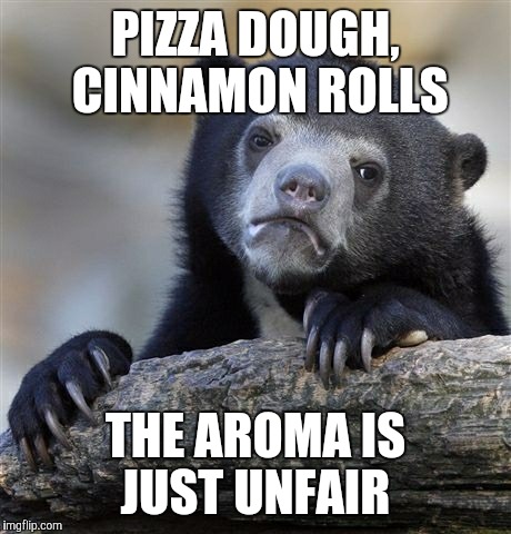 Confession Bear Meme | PIZZA DOUGH, CINNAMON ROLLS THE AROMA IS JUST UNFAIR | image tagged in memes,confession bear | made w/ Imgflip meme maker