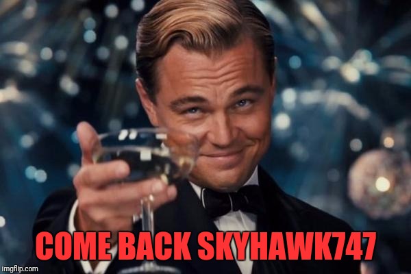 Leonardo Dicaprio Cheers Meme | COME BACK SKYHAWK747 | image tagged in memes,leonardo dicaprio cheers | made w/ Imgflip meme maker