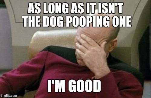 Captain Picard Facepalm Meme | AS LONG AS IT ISN'T THE DOG POOPING ONE I'M GOOD | image tagged in memes,captain picard facepalm | made w/ Imgflip meme maker