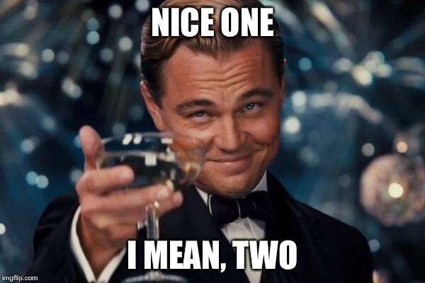 Leonardo Dicaprio Cheers Meme | NICE ONE I MEAN, TWO | image tagged in memes,leonardo dicaprio cheers | made w/ Imgflip meme maker