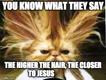 bad hair day | YOU KNOW WHAT THEY SAY; THE HIGHER THE HAIR, THE CLOSER TO JESUS | image tagged in bad hair day | made w/ Imgflip meme maker