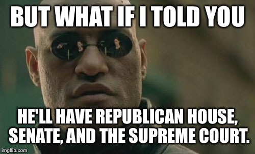 Matrix Morpheus Meme | BUT WHAT IF I TOLD YOU HE'LL HAVE REPUBLICAN HOUSE, SENATE, AND THE SUPREME COURT. | image tagged in memes,matrix morpheus | made w/ Imgflip meme maker