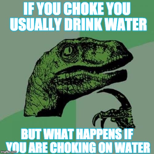 Huh... | IF YOU CHOKE YOU USUALLY DRINK WATER; BUT WHAT HAPPENS IF YOU ARE CHOKING ON WATER | image tagged in memes,philosoraptor,HydroHomies | made w/ Imgflip meme maker
