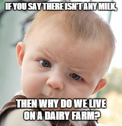 Skeptical Baby | IF YOU SAY THERE ISN'T ANY MILK, THEN WHY DO WE LIVE ON A DAIRY FARM? | image tagged in memes,skeptical baby | made w/ Imgflip meme maker