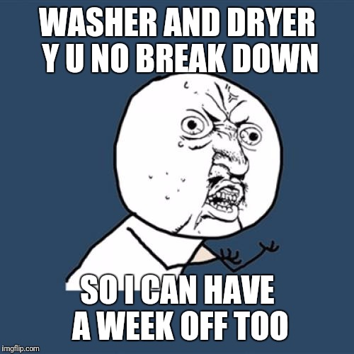 Y U No Meme | WASHER AND DRYER Y U NO BREAK DOWN SO I CAN HAVE A WEEK OFF TOO | image tagged in memes,y u no | made w/ Imgflip meme maker