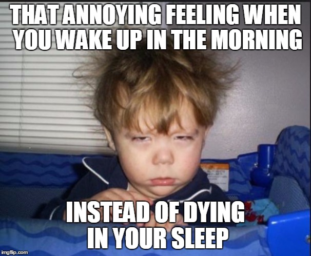 Tired child | THAT ANNOYING FEELING WHEN YOU WAKE UP IN THE MORNING; INSTEAD OF DYING IN YOUR SLEEP | image tagged in tired child | made w/ Imgflip meme maker
