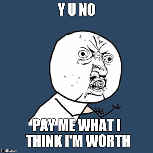 Y U No Meme | Y U NO PAY ME WHAT I THINK I'M WORTH | image tagged in memes,y u no | made w/ Imgflip meme maker