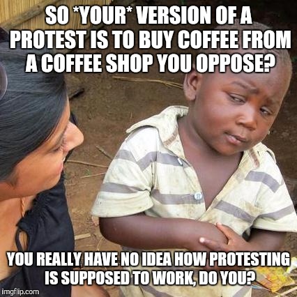 Third World Skeptical Kid Meme | SO *YOUR* VERSION OF A PROTEST IS TO BUY COFFEE FROM A COFFEE SHOP YOU OPPOSE? YOU REALLY HAVE NO IDEA HOW PROTESTING IS SUPPOSED TO WORK, DO YOU? | image tagged in memes,third world skeptical kid | made w/ Imgflip meme maker