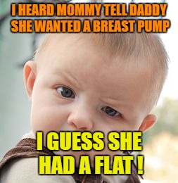Skeptical Baby Meme | I HEARD MOMMY TELL DADDY SHE WANTED A BREAST PUMP; I GUESS SHE HAD A FLAT ! | image tagged in memes,skeptical baby | made w/ Imgflip meme maker