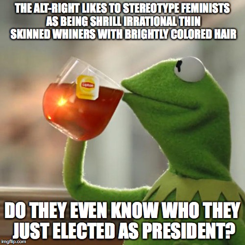 But That's None Of My Business Meme | THE ALT-RIGHT LIKES TO STEREOTYPE FEMINISTS AS BEING SHRILL IRRATIONAL THIN SKINNED WHINERS WITH BRIGHTLY COLORED HAIR; DO THEY EVEN KNOW WHO THEY JUST ELECTED AS PRESIDENT? | image tagged in but thats none of my business,kermit the frog,donald trump,alt-right,feminism | made w/ Imgflip meme maker
