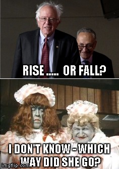 Which Way Did She Go? | RISE .....  OR FALL? I DON'T KNOW - WHICH WAY DID SHE GO? | image tagged in bernie sanders,hillary clinton,amy schumer,debbie wasserman schultz,munsters | made w/ Imgflip meme maker