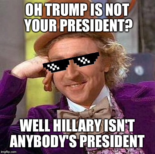 All the flavors, and I choose to be salty... | OH TRUMP IS NOT YOUR PRESIDENT? WELL HILLARY ISN'T ANYBODY'S PRESIDENT | image tagged in memes,donald trump,hillary clinton,funny,not my president,willy wonka | made w/ Imgflip meme maker