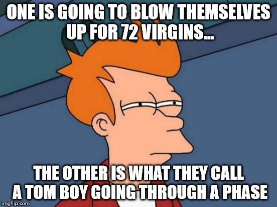 Futurama Fry Meme | ONE IS GOING TO BLOW THEMSELVES UP FOR 72 VIRGINS... THE OTHER IS WHAT THEY CALL A TOM BOY GOING THROUGH A PHASE | image tagged in memes,futurama fry | made w/ Imgflip meme maker