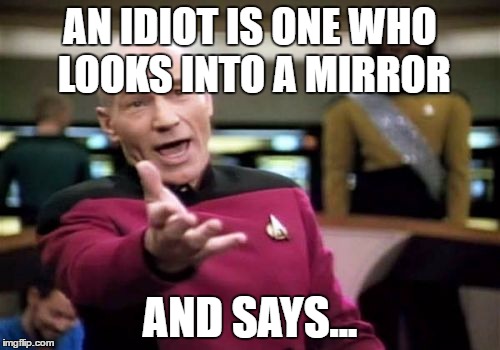Picard Wtf | AN IDIOT IS ONE WHO LOOKS INTO A MIRROR; AND SAYS... | image tagged in memes,picard wtf | made w/ Imgflip meme maker