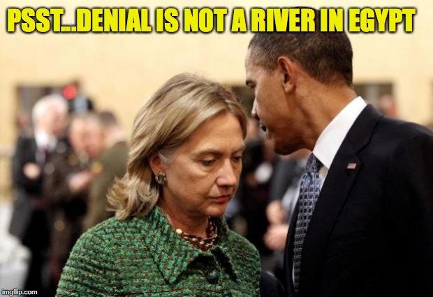 Drowning In Denial | PSST...DENIAL IS NOT A RIVER IN EGYPT | image tagged in obama and hillary | made w/ Imgflip meme maker