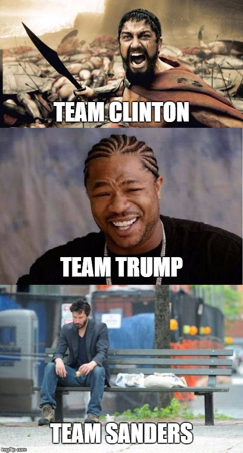 Political results: | TEAM CLINTON; TEAM TRUMP; TEAM SANDERS | image tagged in memes,funny,politics,trump,clinton,sanders | made w/ Imgflip meme maker