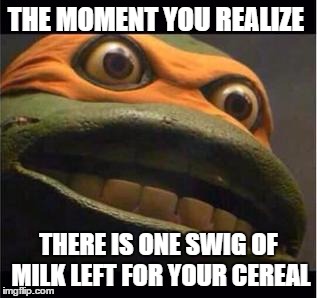 teen age mutant ninja turtle | THE MOMENT YOU REALIZE; THERE IS ONE SWIG OF MILK LEFT FOR YOUR CEREAL | image tagged in teen age mutant ninja turtle | made w/ Imgflip meme maker