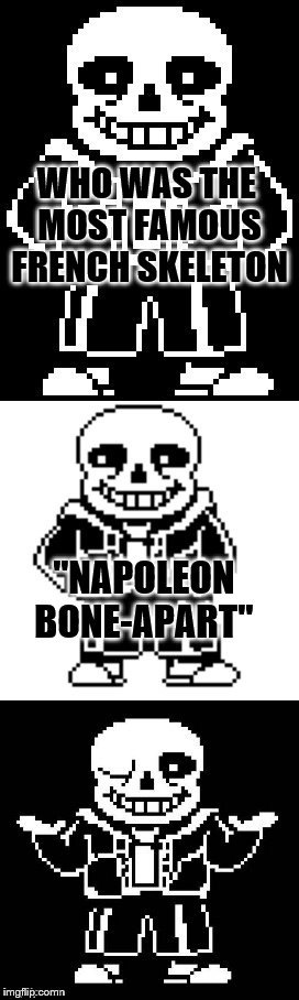 pun master sans  | WHO WAS THE MOST FAMOUS FRENCH SKELETON; "NAPOLEON BONE-APART" | image tagged in pun master sans,skeleton pun,skeleton,undertale | made w/ Imgflip meme maker