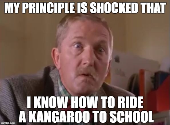 Shocked Principle | MY PRINCIPLE IS SHOCKED THAT; I KNOW HOW TO RIDE A KANGAROO TO SCHOOL | image tagged in principle,shocked,school | made w/ Imgflip meme maker