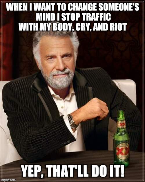 Riot | WHEN I WANT TO CHANGE SOMEONE'S MIND I STOP TRAFFIC WITH MY BODY, CRY, AND RIOT; YEP, THAT'LL DO IT! | image tagged in memes,the most interesting man in the world | made w/ Imgflip meme maker