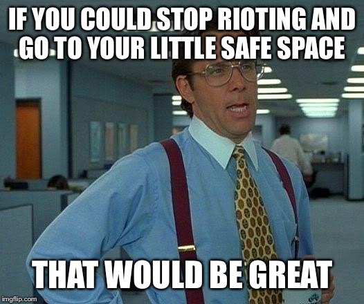 That Would Be Great Meme | IF YOU COULD STOP RIOTING AND GO TO YOUR LITTLE SAFE SPACE; THAT WOULD BE GREAT | image tagged in memes,that would be great | made w/ Imgflip meme maker
