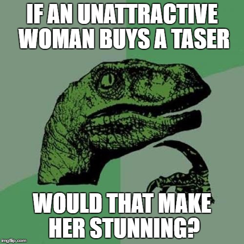 Philosoraptor | IF AN UNATTRACTIVE WOMAN BUYS A TASER; WOULD THAT MAKE HER STUNNING? | image tagged in memes,philosoraptor | made w/ Imgflip meme maker