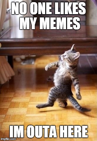 Cool Cat Stroll Meme | NO ONE LIKES MY MEMES; IM OUTA HERE | image tagged in memes,cool cat stroll | made w/ Imgflip meme maker