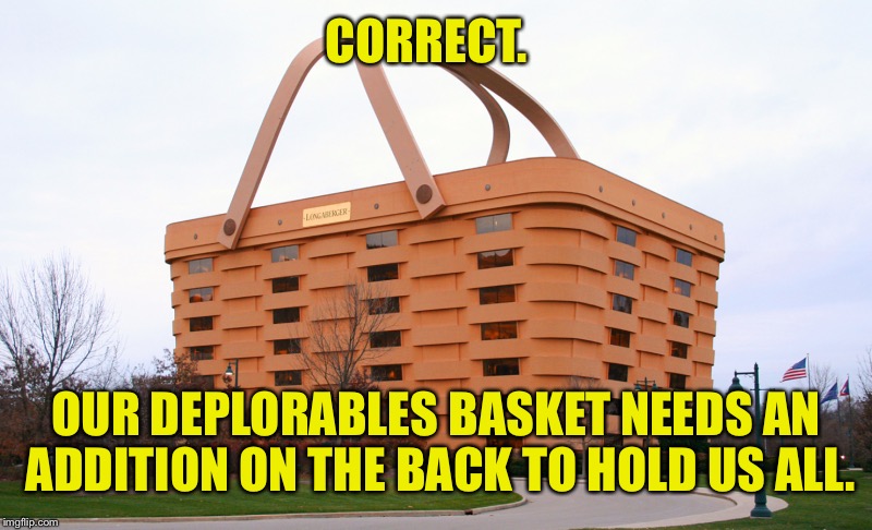 CORRECT. OUR DEPLORABLES BASKET NEEDS AN ADDITION ON THE BACK TO HOLD US ALL. | made w/ Imgflip meme maker