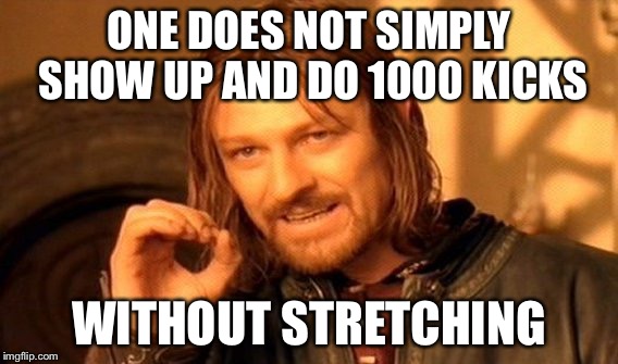 One Does Not Simply | ONE DOES NOT SIMPLY SHOW UP AND DO 1000 KICKS; WITHOUT STRETCHING | image tagged in memes,one does not simply | made w/ Imgflip meme maker